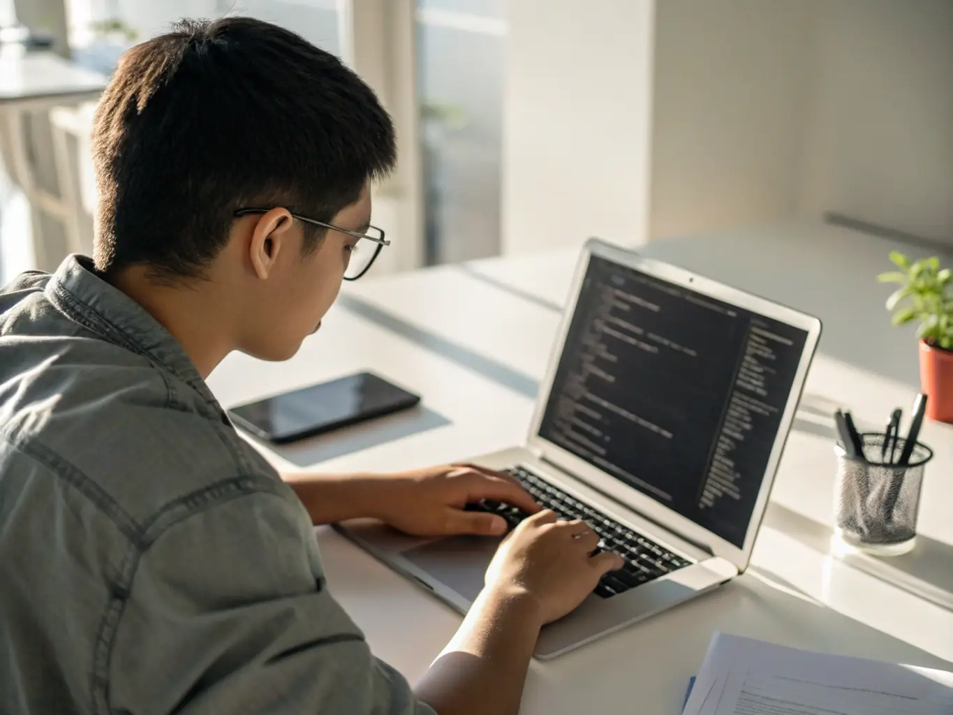 A professional working on a computer, deeply focused on TypeScript code, symbolizing career growth and investment in skills.